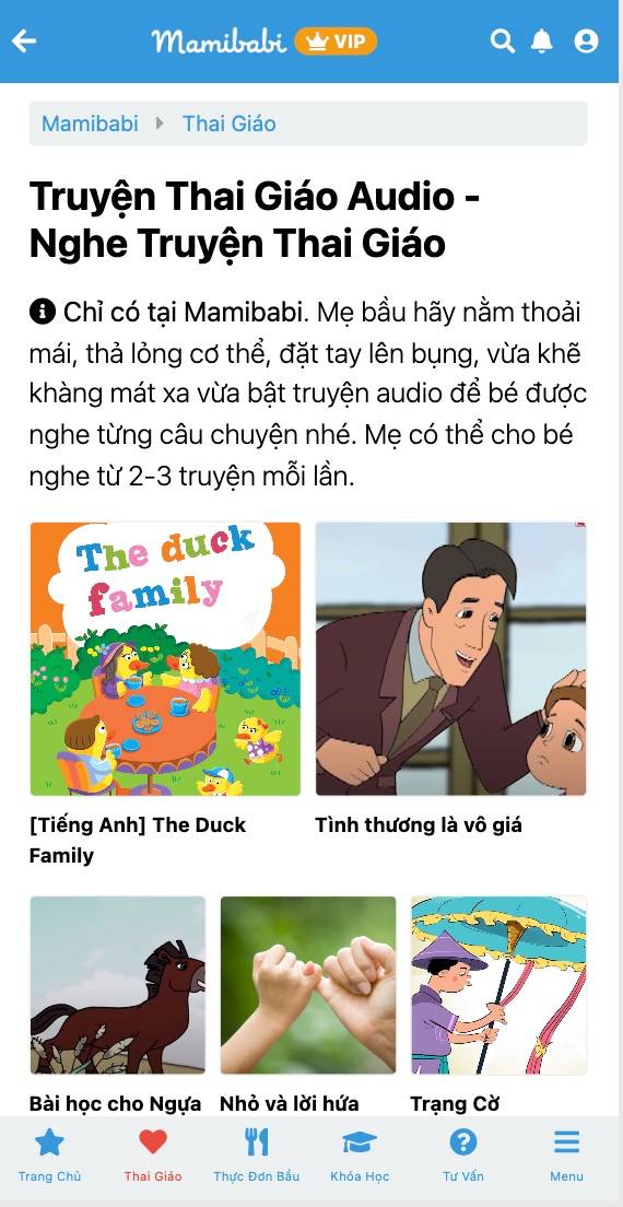 Mamibabi đã được rất nhiều mẹ biết đến qua mục “truyện thai giáo”. Mamibabi không dám nói rằng mình là app đọc truyện thai giáo tốt nhất trên thị trường, tuy nhiên, chúng tôi có thể đảm bảo rằng: 

+ Mamibabi luôn có sẵn hàng ngàn truyện thai giáo để mẹ đọc cho bé cả trong thai kỳ và khi bé đã ra đời
+ Mamibabi sở hữu những truyện thai giáo độc quyền chỉ có tại Mamibabi, không có tại bất kỳ app thai giáo nào khác
+ Các truyện mới liên tục được cập nhật
+ Nội dung truyện phong phú. Chỉ riêng truyện thai giáo Mamibabi đã có 4 mục sau đây: 

>>> Truyện thai giáo tiếng Việt https://mamibabi.com.vn/newscategory/15/truyen-thai-giao 

>>> Truyện thai giáo tiếng Anh https://mamibabi.com.vn/newscategory/38/truyen-thai-giao-tieng-anh-thai-giao-ngoai-ngu 

>>> Truyện thai giáo audio mẹ và bé cùng nghe https://mamibabi.com.vn/audiobook 

>>> Truyện tranh thai giáo https://mamibabi.com.vn/newscategory/33/truyen-tranh-thai-giao 

Để đọc hàng ngàn câu truyện thai giáo trên, mẹ chỉ cần đăng ký 1 tài khoản “VIP Mom trọn đời”. Ngoài quyền lợi đọc truyện thai giáo mẹ còn được: 

+ Được tư vấn 1:1 mọi câu hỏi về mang thai và nuôi con https://mamibabi.com.vn/community 
+ Học 80 khóa học ngắn về mang thai https://mamibabi.com.vn/khoa-hoc?mode=1
+ Học 40 khóa học ngắn về chăm sóc trẻ sơ sinh và nuôi con https://mamibabi.com.vn/khoa-hoc?mode=2
---------------------------------------------
 
Mamibabi là ứng dụng thai giáo và giáo dục sớm được xây dựng bởi tác giả Phạm Ngọc Thắng – tác giả cuốn sách “Rủ chồng thai giáo”. Với phương châm “chi phí tốt nhất – nội dung nhiều nhất”, trong 5 năm qua, Mamibabi đã đồng hành với hàng triệu mẹ bầu Việt Nam đang sống cả trong và ngoài nước trên hành trình mang thai và nuôi con của mình.