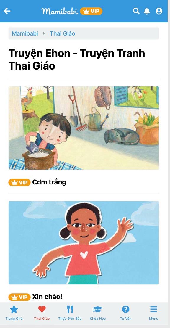 Mamibabi đã được rất nhiều mẹ biết đến qua mục “truyện thai giáo”. Mamibabi không dám nói rằng mình là app đọc truyện thai giáo tốt nhất trên thị trường, tuy nhiên, chúng tôi có thể đảm bảo rằng: 

+ Mamibabi luôn có sẵn hàng ngàn truyện thai giáo để mẹ đọc cho bé cả trong thai kỳ và khi bé đã ra đời
+ Mamibabi sở hữu những truyện thai giáo độc quyền chỉ có tại Mamibabi, không có tại bất kỳ app thai giáo nào khác
+ Các truyện mới liên tục được cập nhật
+ Nội dung truyện phong phú. Chỉ riêng truyện thai giáo Mamibabi đã có 4 mục sau đây: 

>>> Truyện thai giáo tiếng Việt https://mamibabi.com.vn/newscategory/15/truyen-thai-giao 

>>> Truyện thai giáo tiếng Anh https://mamibabi.com.vn/newscategory/38/truyen-thai-giao-tieng-anh-thai-giao-ngoai-ngu 

>>> Truyện thai giáo audio mẹ và bé cùng nghe https://mamibabi.com.vn/audiobook 

>>> Truyện tranh thai giáo https://mamibabi.com.vn/newscategory/33/truyen-tranh-thai-giao 

Để đọc hàng ngàn câu truyện thai giáo trên, mẹ chỉ cần đăng ký 1 tài khoản “VIP Mom trọn đời”. Ngoài quyền lợi đọc truyện thai giáo mẹ còn được: 

+ Được tư vấn 1:1 mọi câu hỏi về mang thai và nuôi con https://mamibabi.com.vn/community 
+ Học 80 khóa học ngắn về mang thai https://mamibabi.com.vn/khoa-hoc?mode=1
+ Học 40 khóa học ngắn về chăm sóc trẻ sơ sinh và nuôi con https://mamibabi.com.vn/khoa-hoc?mode=2
---------------------------------------------
 
Mamibabi là ứng dụng thai giáo và giáo dục sớm được xây dựng bởi tác giả Phạm Ngọc Thắng – tác giả cuốn sách “Rủ chồng thai giáo”. Với phương châm “chi phí tốt nhất – nội dung nhiều nhất”, trong 5 năm qua, Mamibabi đã đồng hành với hàng triệu mẹ bầu Việt Nam đang sống cả trong và ngoài nước trên hành trình mang thai và nuôi con của mình.