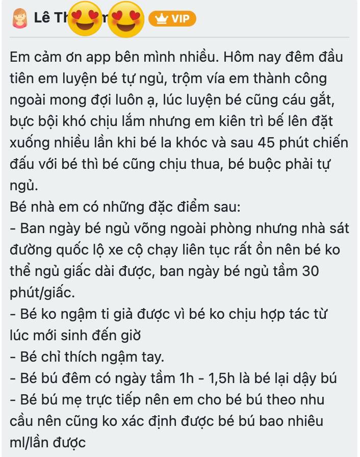 Đây là phản hồi của một mẹ mới đến với Mamibabi để nhận tư vấn EASY cho con. Vào thời điểm đó, bên mình chưa biết lịch sinh hoạt của bé như thế nào để điều chỉnh, mà mới hướng dẫn mẹ cách áp dụng “Trình tự ngủ ngày và đêm” cho con. Và may mắn là chỉ nhờ trình tự ngủ thôi ngay đêm đầu tiên bé đã có những chuyển biến tích cực. Các mẹ xem thêm tại đây nhé: 

Trình tự ngủ ngày https://mamibabi.com.vn/news/1953/easy-5-trinh-tu-ngu-ngay-theo-easy-bi-quyet-giup-be-ngu-tron-giac-han-che-ngu-vat-catnap

Trình tự ngủ đêm https://mamibabi.com.vn/news/1954/easy-6-trinh-tu-ngu-dem-theo-easy-giup-be-ngu-ngon-chong-lon-me-duoc-nghi-ngoi

Đây là em bé đã hơn 6 tháng rưỡi nhưng đêm nào ngủ mẹ cũng phải bế đứng rất vất vả. Các bé 6 tháng luyện EASY và tự ngủ sẽ khó hơn nhiều bởi con đã “tinh” hơn, và quen với nếp cũ. Nhưng nếu nỗ lực, các mẹ đều có thể giúp cho con có một thói quen ngủ tốt hơn.

Vì vậy Mamibabi luôn khuyến khích các mẹ nỗ lực hết sức với EASY, dù kết quả không được 100% thì cũng sẽ được 70%, 80% các mẹ nhé. 

Với Mamibabi các mẹ chỉ cần trả phí 1 lần duy nhất, bên mình sẽ tư vấn mọi câu hỏi mẹ gửi tới. Dù mẹ hỏi nhiều, Mamibabi cũng không thu thêm tiền. Bên mình chỉ mong rằng các mẹ sát sao với con, để ý những dấu hiệu và thay đổi của con, cùng con nỗ lực để đạt được kết quả tốt nhất. Mọi vấn đề phát sinh trong quá trình luyện EASY bên mình sẽ giúp các mẹ! 

Mẹ có thể xem chi tiết và đăng ký khóa luyện EASY và giáo dục sớm của Mamibabi tại đây https://mamibabi.com.vn/vip/info?mode=7