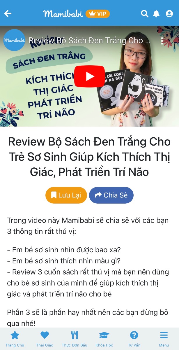 Video sau đây sẽ hướng dẫn mẹ cách sử dụng sách đen trắng nhằm kích thích thị giác và trí não cho trẻ sơ sinh. Bên cạnh đó là những thông tin về việc bé sơ sinh nhìn được bao xa và nhìn được màu gì https://mamibabi.com.vn/video/play?id=65 

-------------------------------------

Mamibabi là ứng dụng thai giáo, luyện EASY và giáo dục sớm duy nhất tại Việt Nam được sáng lập bởi tác giả Phạm Ngọc Thắng – tác giả của cuốn sách “Rủ chồng thai giáo” với phương châm “chi phí tốt nhất – quyền lợi nhiều nhất”. Mẹ chỉ cần đăng ký tài khoản “VIP Mom trọn đời” giá 899,000đ và nhận được các quyền lợi sau: 

+ Được tư vấn 1:1 mọi câu hỏi về mang thai và nuôi con https://mamibabi.com.vn/community 
+ Học 80 khóa học ngắn về mang thai https://mamibabi.com.vn/khoa-hoc?mode=1
+ Học 40 khóa học ngắn về chăm sóc trẻ sơ sinh và nuôi con https://mamibabi.com.vn/khoa-hoc?mode=2