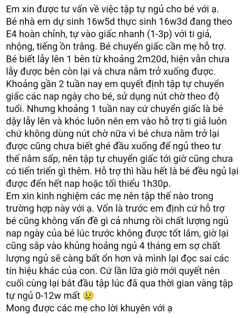 Vì không copy paste được dạng text nên mình gửi ảnh xin nhờ được tư vấn về vấn đề tập tự ngủ cho bé ạ.
Mình muốn hỏi thêm 1 vấn đề là hiện tại mình muốn cai ti đêm cho bé. Bé chỉ còn ti 1 cữ vào khoảng 2-3h sáng. Lượng sữa mình đã chủ động giảm dần 10-20ml qua mỗi ngày. Mình có cần dịch chuyển thời gian ti về gần sáng hơn không hay có thể cứ giữ nguyên thời gian cho bé ti như vậy ạ?