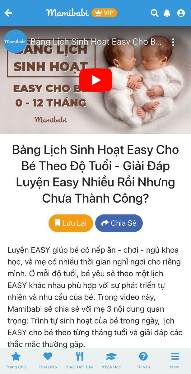 Dưới đây là bảng lịch ăn ngủ theo EASY cho bé từ 0-12 tháng và các câu hỏi thường gặp https://mamibabi.com.vn/video/play?id=154

Dù bé của bạn có theo EASY hay không, bạn hãy tham khảo các thông tin về lịch ăn ngủ theo tháng tuổi để có thể xây dựng lịch phù hợp nhất với bé của mình nhé https://mamibabi.com.vn/newscategory/48/easy-category

Mọi thắc mắc về luyện EASY và luyện ngủ nói chung, bạn có thể gửi câu hỏi tại mục Tư vấn 
https://mamibabi.com.vn/community?g=15

-------------------------------------

Mamibabi là ứng dụng thai giáo, luyện EASY và giáo dục sớm duy nhất tại Việt Nam được sáng lập bởi tác giả Phạm Ngọc Thắng – tác giả của cuốn sách “Rủ chồng thai giáo” với phương châm “chi phí tốt nhất – quyền lợi nhiều nhất”. Mẹ chỉ cần đăng ký tài khoản “VIP Mom trọn đời” giá 899,000đ và nhận được các quyền lợi sau: 

+ Được tư vấn 1:1 mọi câu hỏi về mang thai và nuôi con https://mamibabi.com.vn/community 
+ Học 80 khóa học ngắn về mang thai https://mamibabi.com.vn/khoa-hoc?mode=1
+ Học 40 khóa học ngắn về chăm sóc trẻ sơ sinh và nuôi con https://mamibabi.com.vn/khoa-hoc?mode=2