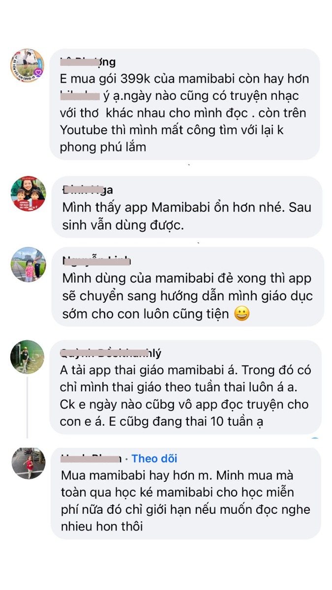 Đây là những nhận xét của các mẹ bầu trên một số group sau khi đã sử dụng Mamibabi. Những nhận xét này luôn là động lực để đội ngũ Mamibabi cố gắng trong suốt những năm qua. 

Năm vừa qua, Mamibabi đã vinh dự được lựa chọn trong chương trình “Google for Startups” và nhận được sự hỗ trợ từ Google. Rất nhiều nội dung hay và thông tin hữu ích về mang thai và nuôi con sẽ tiếp tục được Mamibabi gửi đến các bố mẹ trong những năm tới. 

-------------------------------------

Mamibabi là ứng dụng thai giáo, luyện ngủ và giáo dục sớm duy nhất tại Việt Nam được sáng lập bởi tác giả Phạm Ngọc Thắng – tác giả của cuốn sách “Rủ chồng thai giáo” với phương châm “chi phí tốt nhất – quyền lợi nhiều nhất”. Mẹ chỉ cần đăng ký tài khoản “VIP Mom trọn đời” giá 899,000đ và nhận được các quyền lợi sau: 

+ Được tư vấn 1:1 mọi câu hỏi về mang thai và nuôi con https://mamibabi.com.vn/community 
+ Học 80 khóa học ngắn về mang thai https://mamibabi.com.vn/khoa-hoc?mode=1
+ Học 40 khóa học ngắn về chăm sóc trẻ sơ sinh và nuôi con https://mamibabi.com.vn/khoa-hoc?mode=2