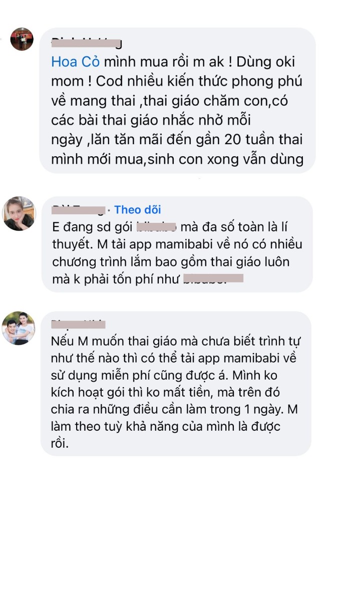 Đây là những nhận xét của các mẹ bầu trên một số group sau khi đã sử dụng Mamibabi. Những nhận xét này luôn là động lực để đội ngũ Mamibabi cố gắng trong suốt những năm qua. 

Năm vừa qua, Mamibabi đã vinh dự được lựa chọn trong chương trình “Google for Startups” và nhận được sự hỗ trợ từ Google. Rất nhiều nội dung hay và thông tin hữu ích về mang thai và nuôi con sẽ tiếp tục được Mamibabi gửi đến các bố mẹ trong những năm tới. 

-------------------------------------

Mamibabi là ứng dụng thai giáo, luyện ngủ và giáo dục sớm duy nhất tại Việt Nam được sáng lập bởi tác giả Phạm Ngọc Thắng – tác giả của cuốn sách “Rủ chồng thai giáo” với phương châm “chi phí tốt nhất – quyền lợi nhiều nhất”. Mẹ chỉ cần đăng ký tài khoản “VIP Mom trọn đời” giá 899,000đ và nhận được các quyền lợi sau: 

+ Được tư vấn 1:1 mọi câu hỏi về mang thai và nuôi con https://mamibabi.com.vn/community 
+ Học 80 khóa học ngắn về mang thai https://mamibabi.com.vn/khoa-hoc?mode=1
+ Học 40 khóa học ngắn về chăm sóc trẻ sơ sinh và nuôi con https://mamibabi.com.vn/khoa-hoc?mode=2
