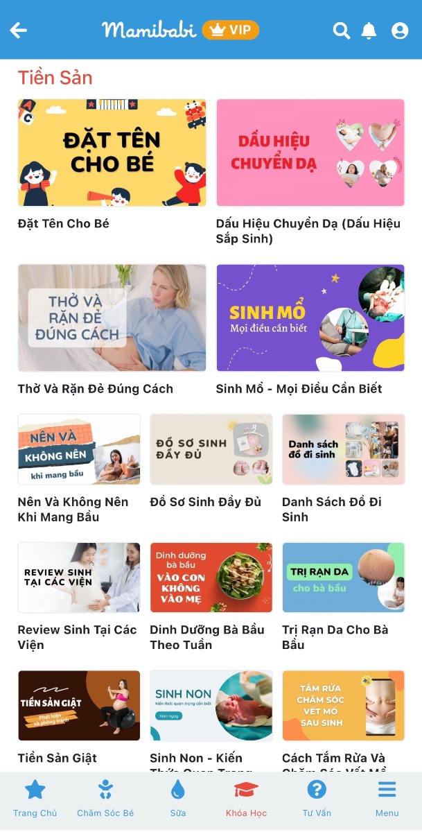 Mẹ có thể xem chi tiết các khoá học tiền sản tại đây https://mamibabi.com.vn/khoa-hoc?mode=0&cate=13

1. Dấu hiệu chuyển dạ
2. Thở và rặn đẻ đúng cách
3. Đặt tên cho bé
4. Sinh mổ - mọi điều cần biết
5. Nên và không nên khi mang bầu
6. Danh sách đồ đi sinh 
7. Đồ sơ sinh đầy đủ
8. Review sinh tại các viện
9. Dinh dưỡng bà bầu theo tuần
10. Trị rạn da
11. Tiền sản giật
12. Sinh non: Kiến thức cần biết
13. Cách tắm rửa và chăm sóc vết mổ sau sinh
14. Ở cữ sau sinh mổ: Cách vận động và ăn uống
15. Cách lựa chọn bệnh viện sinh con 

-------------------------------------

Mamibabi là ứng dụng thai giáo, luyện EASY và giáo dục sớm duy nhất tại Việt Nam được sáng lập bởi tác giả Phạm Ngọc Thắng – tác giả của cuốn sách “Rủ chồng thai giáo” với phương châm “chi phí tốt nhất – quyền lợi nhiều nhất”. Mẹ chỉ cần đăng ký tài khoản “VIP Mom trọn đời” giá 899,000đ và nhận được các quyền lợi sau: 

+ Được tư vấn 1:1 mọi câu hỏi về mang thai và nuôi con https://mamibabi.com.vn/community 
+ Học 80 khóa học ngắn về mang thai https://mamibabi.com.vn/khoa-hoc?mode=1
+ Học 40 khóa học ngắn về chăm sóc trẻ sơ sinh và nuôi con https://mamibabi.com.vn/khoa-hoc?mode=2