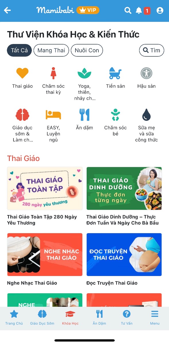 Mamibabi là đơn vị duy nhất trên thị trường áp dụng mô hình “1 tài khoản - ngàn nội dung”. 

Chỉ với 1 tài khoản VIP Mom, mẹ sẽ nhận được :

+ 40+ khoá học về thai giáo - mang thai https://mamibabi.com.vn/khoa-hoc?mode=1 
+ 40+ khoá học về chăm sóc trẻ sơ sinh, luyện ăn, luyện ngủ https://mamibabi.com.vn/khoa-hoc?mode=2 
+ Được tư vấn 1:1 mọi câu hỏi về mang thai và nuôi con.

Mamibabi trọn đời đồng hành cùng mẹ!