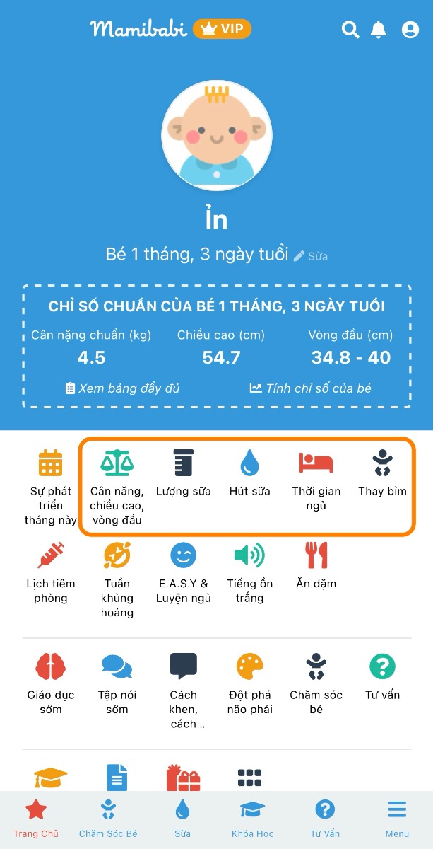 Ngay tại giao diện chính của Mamibabi mẹ sẽ nhìn thấy 5 biểu tượng rất quan trọng này: 

- Chiều cao, cân nặng của bé
- Lượng sữa
- Hút sữa (dành cho các mẹ dùng máy hút sữa)
- Thời gian ngủ
- Thay bỉm

Để theo dõi tốt nhất sự phát triển của con, mẹ hãy thường xuyên cập nhật các chỉ số này nhé. Nếu có bất cứ thắc mắc nào, mẹ hãy gửi câu hỏi tới Mamibabi để được hỗ trợ https://mamibabi.com.vn/community

-------------------------------------

Mamibabi là ứng dụng thai giáo, luyện EASY và giáo dục sớm duy nhất tại Việt Nam được sáng lập bởi tác giả Phạm Ngọc Thắng – tác giả của cuốn sách “Rủ chồng thai giáo” với phương châm “chi phí tốt nhất – quyền lợi nhiều nhất”. Mẹ chỉ cần đăng ký tài khoản “VIP Mom trọn đời” giá 899,000đ và nhận được các quyền lợi sau: 

+ Được tư vấn 1:1 mọi câu hỏi về mang thai và nuôi con https://mamibabi.com.vn/community 
+ Học 80 khóa học ngắn về mang thai https://mamibabi.com.vn/khoa-hoc?mode=1
+ Học 40 khóa học ngắn về chăm sóc trẻ sơ sinh và nuôi con https://mamibabi.com.vn/khoa-hoc?mode=2
