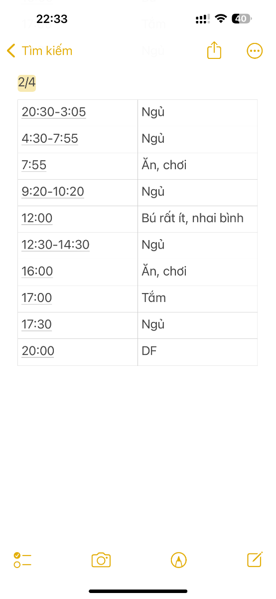 Bé e tầm 1 tuần nay nap ngày ngắn tầm 45-60’ thì e cho bé dậy luôn bắt đầu nap mới hay là đợi đúng giờ mới cho bé ăn chơi và ngủ ạ? Cử 12h trưa bé nhai bình và nút rất ít, e mời lần k dc thì cất luôn. Nhưng đến cử 4h bé vẫn bú ít 100ml mời 2 lần, e cho ti mẹ thêm thì ti thêm 3’ nữa như vậy thì đúng k Hay cần tách biệt giữa ti mẹ và bình ạ? Đêm thì tầm 3h sáng là bé dậy và gào khóc đòi bế, vác. Khi bé rem và thức từ 3-5am kéo dài đến 6h là e cho bé bú bắt đầu ngày mới, nếu vậy fai thức thêm đến 8h mới ngủ thì quá sức bé k ạ? E gửi ad lịch sinh hoạt của bé, phiền ad xem và hướng dẫn giúp e ạ!