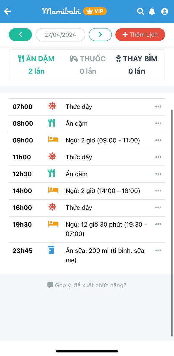 Mamibabi sở hữu tính năng LỊCH SINH HOẠT chi tiết tới từng khung giờ, tự động tính toán thời giản ngủ từng cữ cho bé.

Với lịch này, bạn có thể biết được bé nhà mình thức - ngủ đã phù hợp chưa. 

Nếu bạn gặp khó khăn với giấc ngủ của bé, hãy gửi lịch sinh hoạt để Mamibabi hỗ trợ bạn chỉnh lịch tốt nhất cho bé.

Bạn có thể nhập lịch cho bé tại đây https://mamibabi.com.vn/schedule