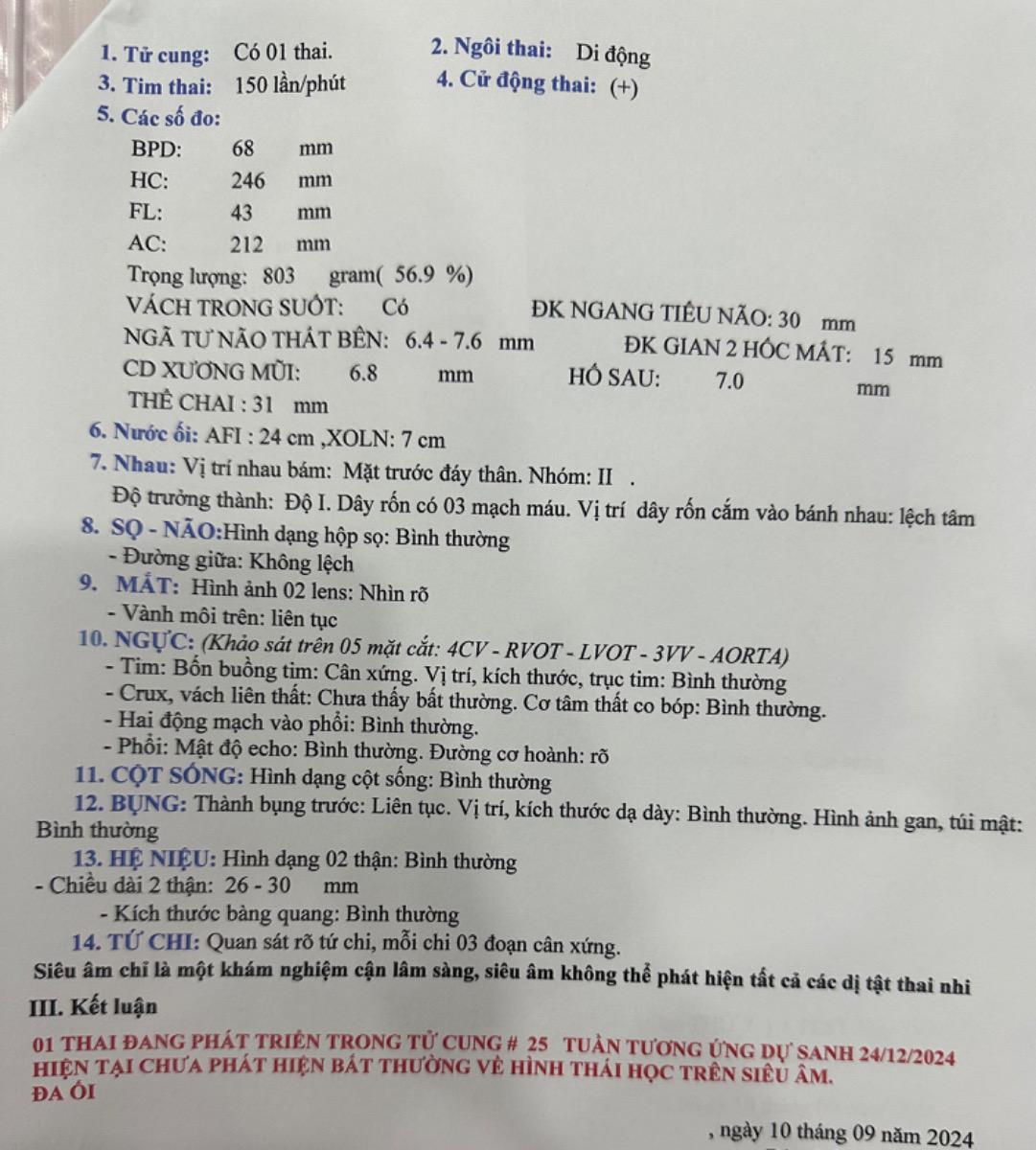 Mình siêu âm 4D thai 25 tuần, kết luận Đa ối với chỉ số sau Afi 24cm, xoln 7cm.
Như vậy có nguy hiểm không và mình cần phải kiêng cử như thế nào để bình thường lại?