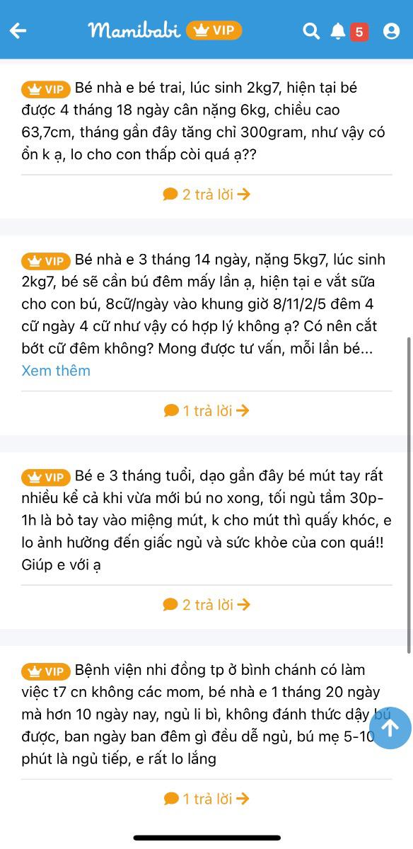Mamibabi đã đồng hành với rất nhiều em bé từ khi bé còn trong bụng mẹ tới khi bé ra đời và đi học mẫu giáo! Thật hạnh phúc khi được nhìn thấy hành trình lớn lên của các em!

Đây là những câu hỏi của một mẹ đã gửi tới Mamibabi trong thời gian sử dụng app. Đội ngũ Mamibabi rất vinh dự khi được các mẹ tin tưởng lựa chọn.

"Bao nhiêu câu hỏi của mẹ, bấy nhiêu câu trả lời từ Mamibabi" luôn là tiêu chí hoạt động của đội ngũ phát triển app.

Chỉ 899K để Mamibabi đồng hành trọn đời với bé nhé mẹ ơi!

Mẹ có thể đăng ký ngay tại đây https://mamibabi.com.vn/khoa-hoc

--------------------------------

Mamibabi là ứng dụng thai giáo, luyện ngủ và chăm sóc trẻ sơ sinh được sáng lập bởi tác giả Phạm Ngọc Thắng - tác giả cuốn sách "Rủ chồng thai giáo"

Mamibabi đồng thời là ứng dụng đã được Google lựa chọn trong chương trình "Google for Startups" nhờ những nội dung hữu ích cho mẹ bầu và thai nhi.

Chỉ với 899K bạn sẽ được:

+ TRỌN ĐỜI tư vấn mọi câu hỏi về mang thai và nuôi con

+ Học ngay 40 khóa học về mang thai và thai giáo https://mamibabi.com.vn/khoa-hoc?mode=1

+ Học ngay 40 khóa học về chăm sóc trẻ sơ sinh, luyện ăn, luyện ngủ https://mamibabi.com.vn/khoa-hoc?mode=2

Mọi nội dung thai giáo tại Mamibabi đã được thiết kế giàu tính ứng dụng, hướng dẫn chi tiết, phù hợp với cả những mẹ lần đầu thai giáo