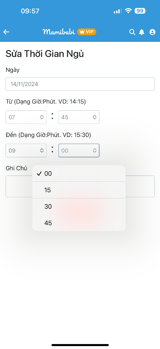 Bé con nhà mình ngủ từ 7:45 đến 9:25. Sao hệ thống chie hiện ra mấy mốc phút để chọn thế kia mà không phải từ 00-59???