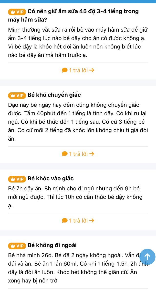 Có những mẹ gửi câu hỏi từ khi mang bầu bé thứ nhất tới khi đẻ bé thứ 2, với số lượng lên tới cả trăm câu hỏi mà KHÔNG phải trả thêm bất cứ khoản phí nào. Nguyên nhân là mẹ đã mua gói trọn đời, và Mamibabi cam kết tiếp tục hỗ trợ dù mẹ sinh bao nhiêu bé. 

- Mẹ Thanh Hà, mẹ bé Susu 2 tháng tuổi cho biết: “Chỉ trong tuần đầu tiên, mình đã gửi hơn 10 câu hỏi, từ việc bé khó ngủ, bú kém đến cách chăm sóc cho mẹ sau sinh. Mamibabi trả lời cực nhiệt tình và chính xác. Rất hài lòng!”

- Mẹ Mai Linh, bầu 28 tuần: “Lần đầu mang thai, mình lo đủ thứ. May mà có Mamibabi, vừa hướng dẫn thai giáo, vừa giải đáp mọi thắc mắc nhỏ nhất!”

Không chỉ giải đáp, Mamibabi còn giúp mẹ cảm thấy an tâm và tự tin hơn trên hành trình làm mẹ.

Với Mamibabi, mẹ không cần phải chi hàng triệu đồng cho các lớp học hoặc tư vấn riêng. Chỉ với một khoản chi phí nhỏ chỉ vài trăm ngàn, mẹ sẽ được: 

- Hỗ trợ giải đáp mọi thắc mắc: Đặt câu hỏi bất kỳ lúc nào mẹ muốn qua app, và nhận câu trả lời nhanh chóng.

- Kiến thức từ chuyên gia và tài liệu khoa học: Đảm bảo chính xác, đáng tin cậy.

- Tiện lợi: Không phải di chuyển, mọi thông tin đều có ngay trên ứng dụng.

Chúng tôi ở đây để giúp mẹ chăm sóc bé yêu một cách dễ dàng, khoa học và tiết kiệm nhất https://mamibabi.com.vn/community