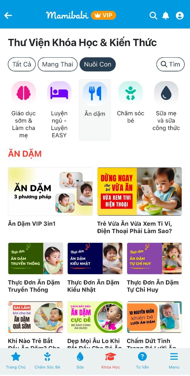 Chỉ với chiếc điện thoại của mình, mẹ đã có trong tay cuốn “cẩm nang số” với đầy đủ nội dung từ lúc bầu đến sinh con và nuôi con: 

1. Chế độ dinh dưỡng khoa học dành cho mẹ

- Thực đơn đa dạng cho từng giai đoạn
- Mẹo ăn uống để duy trì nguồn sữa dồi dào và vóc dáng cân đối
- Chăm sóc sức khoẻ tiền sản và hậu sản 

2. Dinh dưỡng cho bé yêu 

- Sữa mẹ và sữa công thức
- Hướng dẫn ăn dặm chuẩn khoa học
- Giải pháp cho bé biếng ăn

3. Chăm sóc sức khỏe mẹ và bé một cách toàn diện

- Chăm sóc sức khoẻ cho mẹ bầu và sau sinh 
- Luyện ngủ khoa học cho bé
- Các bài tập vận động cho bé 
- Hỗ trợ phòng tránh và xử lý các bệnh thường gặp 

Mẹ có thể xem hơn 80 khoá học và đặt câu hỏi cho Mamibabi tại đây https://mamibabi.com.vn/khoa-hoc