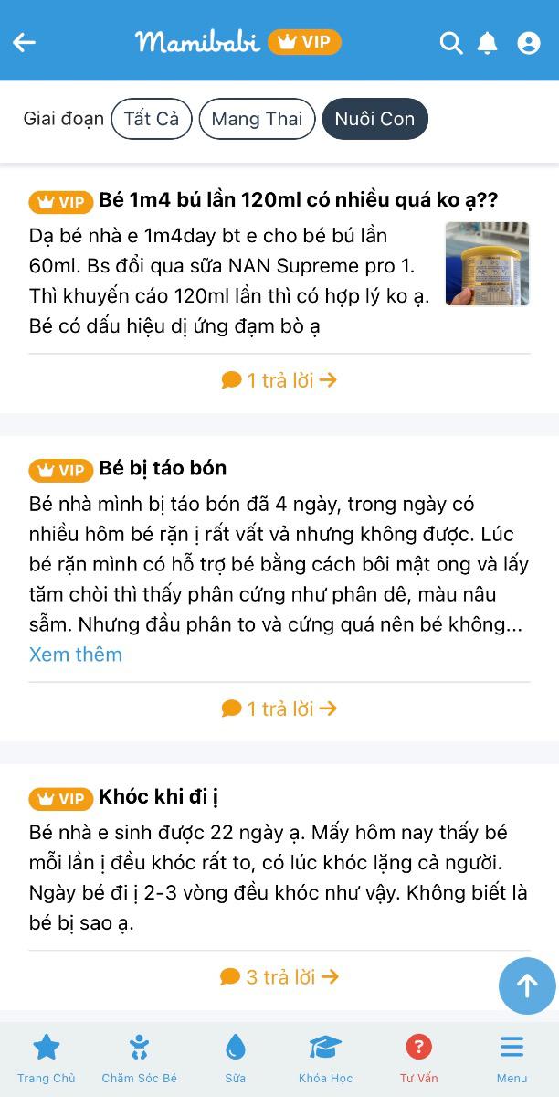 “Bé hay nôn trớ nên mình rất sợ bị sao đó, định cho đi khám, sau khi Mamibabi tư vấn thì mình hiểu là đang cho con bú nhiều quá, cần điều chỉnh rồi vỗ ợ hơi. May nhờ Mamibabi nên mình an tâm hẳn khi nuôi con lần đầu” (Mẹ Thanh Nga, mẹ bé Mì) 

“Ứng dụng này là cứu tinh của mình. Có lần mới sinh mình hỏi đến 8 câu trong 1 ngày, và tất cả đều được trả lời chi tiết.” (Mẹ Thu Trang, mẹ bé Thỏ)

“Trả tiền một lần, nhưng những cái nhận lại nhiều hơn mình nghĩ. Mình chỉ trả 899K thôi mà được dùng trọn đời và hỏi thoải mái, bao nhiêu khoá học, học mãi không hết. Cảm ơn Mamibabi rất nhiều vì giá tốt” (Mẹ Ngọc, mẹ bé Bin)

Đó là chia sẻ của 3 trong số hàng ngàn mẹ đã đồng hành cùng Mamibabi. 

Mẹ hẳn đã từng thắc mắc
- Bé bú bao nhiêu là đủ?
- Làm sao để bé ngủ xuyên đêm?
- Con biếng ăn, mình nên làm gì?

Hãy yên tâm! Với Mamibabi, mẹ chỉ cần trả tiền 1 lần nhưng có thể hỏi không giới hạn số câu. 

Đội ngũ Mamibabi luôn đồng hành, giải đáp mọi thắc mắc, giúp mẹ chăm con dễ dàng và tự tin hơn mỗi ngày.

1. Hỏi thoải mái, không lo phát sinh chi phí

Chỉ với một khoản phí duy nhất, mẹ đã sở hữu:
- Quyền đặt câu hỏi không giới hạn
- Cá nhân hoá: Những câu trả lời không chỉ chính xác mà còn phù hợp với tình trạng riêng của bé yêu và điều kiện gia đình của mẹ
- Thông tin khoa học, dễ hiểu

2. Tại sao mẹ nên chọn Mamibabi để giải đáp thắc mắc?

- Luôn bên mẹ 24/7: Dù là giữa đêm hay sáng sớm, mẹ có thể gửi câu hỏi cho Mamibabi bất cứ lúc nào thông qua app và sẽ nhận được câu trả lời trong vòng 24 giờ. 
- Nội dung được cá nhân hóa: Câu trả lời được thiết kế riêng theo độ tuổi, tình trạng sức khỏe và nhu cầu của bé.
- Tiết kiệm chi phí tối đa: Thay vì chi tiền cho các buổi tư vấn riêng lẻ, mẹ chỉ cần một ứng dụng duy nhất để giải quyết tất cả. 

Mẹ đặt câu hỏi để Mamibabi hỗ trợ tại mục Tư vấn nhé https://mamibabi.com.vn/community