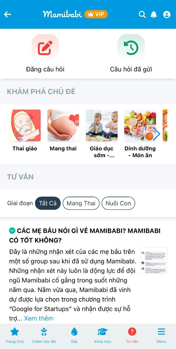 “Bé hay nôn trớ nên mình rất sợ bị sao đó, định cho đi khám, sau khi Mamibabi tư vấn thì mình hiểu là đang cho con bú nhiều quá, cần điều chỉnh rồi vỗ ợ hơi. May nhờ Mamibabi nên mình an tâm hẳn khi nuôi con lần đầu” (Mẹ Thanh Nga, mẹ bé Mì) 

“Ứng dụng này là cứu tinh của mình. Có lần mới sinh mình hỏi đến 8 câu trong 1 ngày, và tất cả đều được trả lời chi tiết.” (Mẹ Thu Trang, mẹ bé Thỏ)

“Trả tiền một lần, nhưng những cái nhận lại nhiều hơn mình nghĩ. Mình chỉ trả 899K thôi mà được dùng trọn đời và hỏi thoải mái, bao nhiêu khoá học, học mãi không hết. Cảm ơn Mamibabi rất nhiều vì giá tốt” (Mẹ Ngọc, mẹ bé Bin)

Đó là chia sẻ của 3 trong số hàng ngàn mẹ đã đồng hành cùng Mamibabi. 

Mẹ hẳn đã từng thắc mắc
- Bé bú bao nhiêu là đủ?
- Làm sao để bé ngủ xuyên đêm?
- Con biếng ăn, mình nên làm gì?

Hãy yên tâm! Với Mamibabi, mẹ chỉ cần trả tiền 1 lần nhưng có thể hỏi không giới hạn số câu. 

Đội ngũ Mamibabi luôn đồng hành, giải đáp mọi thắc mắc, giúp mẹ chăm con dễ dàng và tự tin hơn mỗi ngày.

1. Hỏi thoải mái, không lo phát sinh chi phí

Chỉ với một khoản phí duy nhất, mẹ đã sở hữu:
- Quyền đặt câu hỏi không giới hạn
- Cá nhân hoá: Những câu trả lời không chỉ chính xác mà còn phù hợp với tình trạng riêng của bé yêu và điều kiện gia đình của mẹ
- Thông tin khoa học, dễ hiểu

2. Tại sao mẹ nên chọn Mamibabi để giải đáp thắc mắc?

- Luôn bên mẹ 24/7: Dù là giữa đêm hay sáng sớm, mẹ có thể gửi câu hỏi cho Mamibabi bất cứ lúc nào thông qua app và sẽ nhận được câu trả lời trong vòng 24 giờ. 
- Nội dung được cá nhân hóa: Câu trả lời được thiết kế riêng theo độ tuổi, tình trạng sức khỏe và nhu cầu của bé.
- Tiết kiệm chi phí tối đa: Thay vì chi tiền cho các buổi tư vấn riêng lẻ, mẹ chỉ cần một ứng dụng duy nhất để giải quyết tất cả. 

Mẹ đặt câu hỏi để Mamibabi hỗ trợ tại mục Tư vấn nhé https://mamibabi.com.vn/community