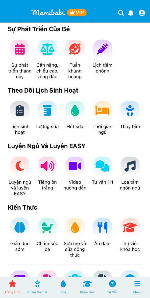 Chỉ với chiếc điện thoại của mình, mẹ đã có trong tay cuốn “cẩm nang số” với đầy đủ nội dung từ lúc bầu đến sinh con và nuôi con: 

1. Chế độ dinh dưỡng khoa học dành cho mẹ

- Thực đơn đa dạng cho từng giai đoạn
- Mẹo ăn uống để duy trì nguồn sữa dồi dào và vóc dáng cân đối
- Chăm sóc sức khoẻ tiền sản và hậu sản 

2. Dinh dưỡng cho bé yêu 

- Sữa mẹ và sữa công thức
- Hướng dẫn ăn dặm chuẩn khoa học
- Giải pháp cho bé biếng ăn

3. Chăm sóc sức khỏe mẹ và bé một cách toàn diện

- Chăm sóc sức khoẻ cho mẹ bầu và sau sinh 
- Luyện ngủ khoa học cho bé
- Các bài tập vận động cho bé 
- Hỗ trợ phòng tránh và xử lý các bệnh thường gặp 

Mẹ có thể xem hơn 80 khoá học và đặt câu hỏi cho Mamibabi tại đây https://mamibabi.com.vn/khoa-hoc