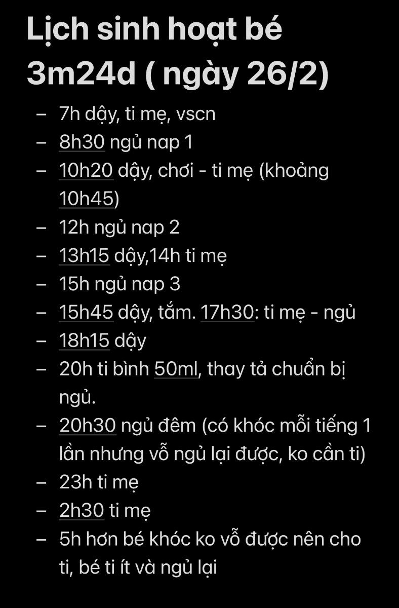 Bé mình gần 4m rồi nhưng hiếm khi bé ti đủ hai bên, bé thường ti 1 bên tầm 5-10ph là tự nhả ti đẩy ra hoặc ngậm ko mút nữa là mình rút ti. Bé cũng ko quấy khóc nên mình ko mời thêm bên kia. Chỉ có trường hợp bé gắt ngủ hoặc quấy ko chịu ti bên này thì mình mới mời bên kia. Như vậy bé có đủ sữa không, hay bé quen ti ít 1 lần rồi? Hiện đang giãn cữ 3,5h/ lần thì vẫn như vậy. Mình có cho ti bình 1 cữ trong ngày để bé ko quên bình thì chỉ ti đc 50-70ml. Theo mình tự thấy mình ko dư sữa quá nhiều, trung bình 70-90ml/ bên thôi.