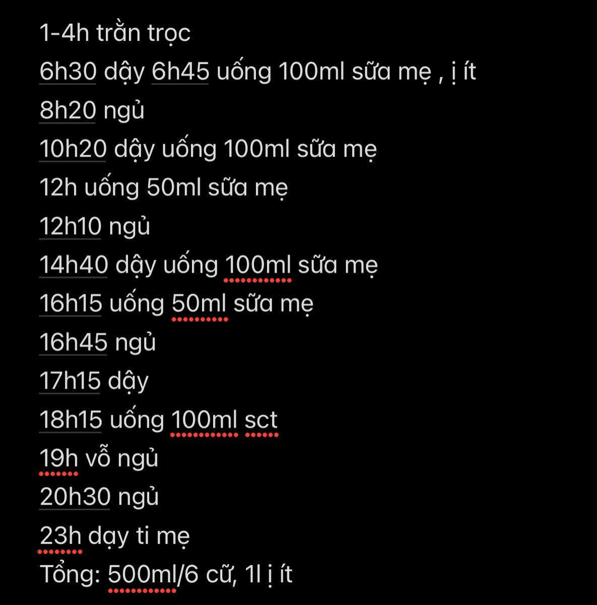 Bé mình khoảng 1 tuần gần đây tối dậy nhiều lần quậy quọ mẹ cho ti mới ngủ lại đc , lúc trc bé chỉ dậy 2-3l nhưng gần đây bé cứ ngủ đc 20-30p lại dậy khóc, mẹ vỗ Mông vẫn ko tự ngủ lại , phải cho ti mẹ, bé cứ như vậy liên tục khoảng 1h-5,6h sáng. (Tã, nhiệt độ, đầy hơi mẹ đã hỗ trợ ) 
Mình gởi kèm lịch sh của bé gần nhất, 2 hôm nay mẹ tách cữ uống sữa thành 2 lần do trc đó bé bị ọc nhiều. 
Mong đc tư vấn