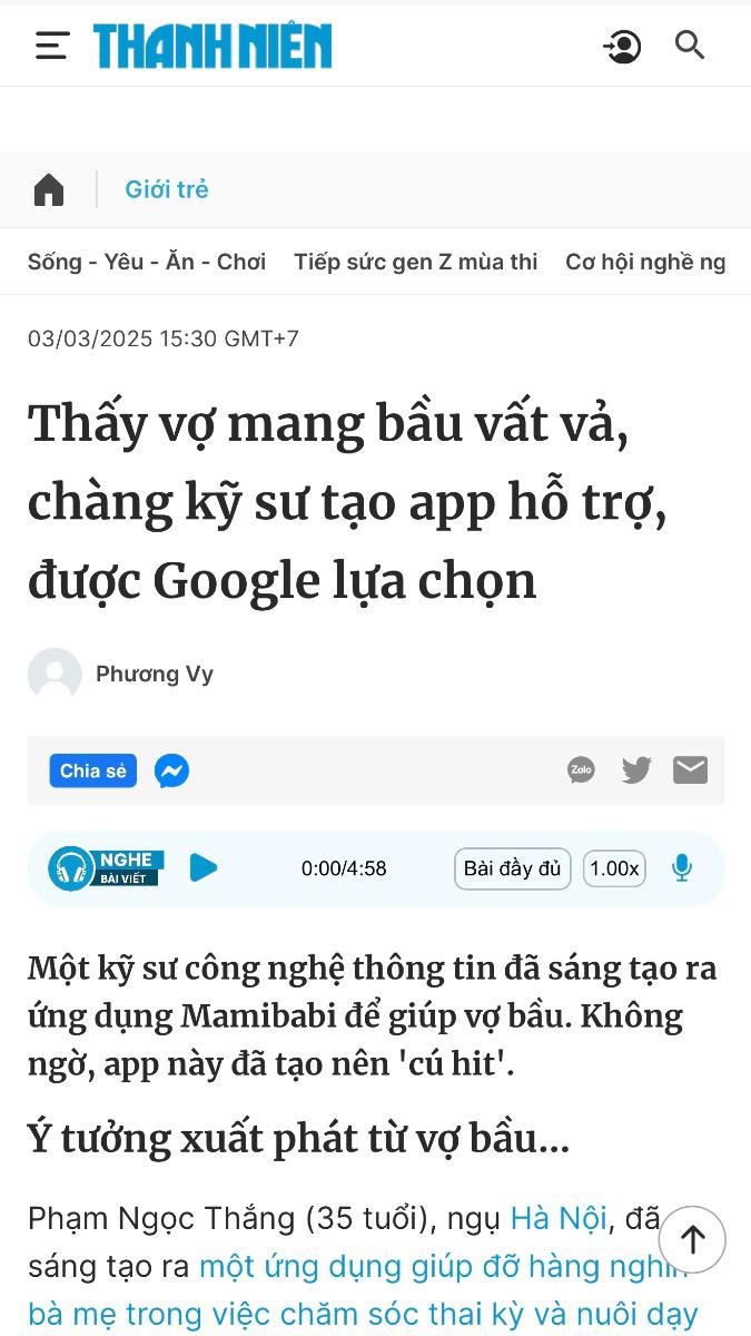 Mamibabi xin gửi lời cảm ơn chân thành tới báo Thanh niên đã cho Mamibabi có cơ hội chia sẻ về hành trình khởi nghiệp của mình. Mamibabi hy vọng ứng dụng của mình sẽ giúp ích cho thật nhiều bố mẹ và em bé trên hành trình mang thai và nuôi con tuy vất vả nhưng vô cùng thiêng liêng và ý nghĩa.

Bố mẹ có thể đọc toàn bộ nội dung bài báo tại link https://thanhnien.vn/thay-vo-mang-bau-vat-va-chang-ky-su-tao-app-ho-tro-duoc-google-lua-chon-185250303144859306.htm?fbclid=IwZXh0bgNhZW0CMTEAAR1BoNUwAr_EjVTPu2hyODBqEkkMUDaGV8i4I38YslIICfDiKxxm-6p7ck8_aem_sVhvjCIWyhT-QuxS2_w6Ow