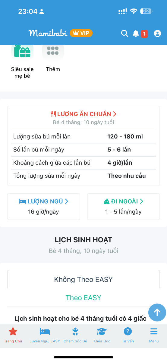 App hướng dẫn trẻ 4 tháng tuổi:
- 4h/cữ. 
- 1 ngày 5-6 cữ 
Vậy bố trí lịch ăn thế nào ạ?