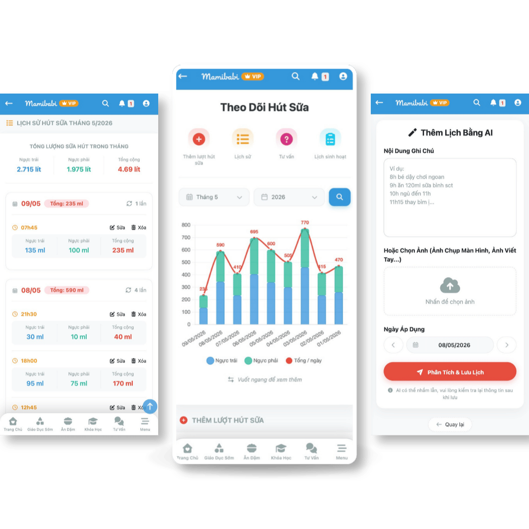 Giao diện app Mamibabi ghi lịch hút sữa và theo dõi lượng sữa cho mẹ cho con bú