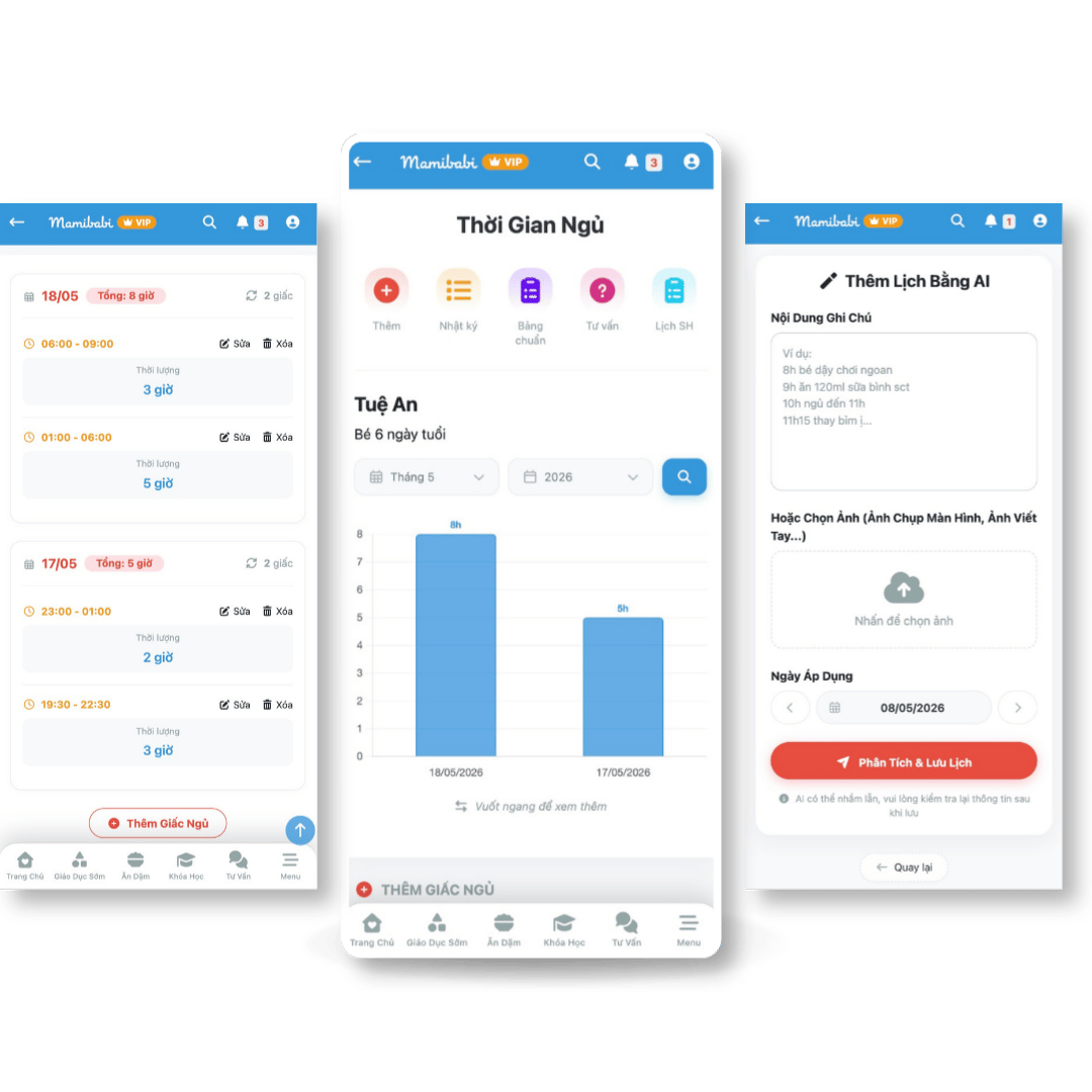 App theo dõi giấc ngủ bé miễn phí Mamibabi – Nhập nhanh bằng AI và tư vấn luyện ngủ